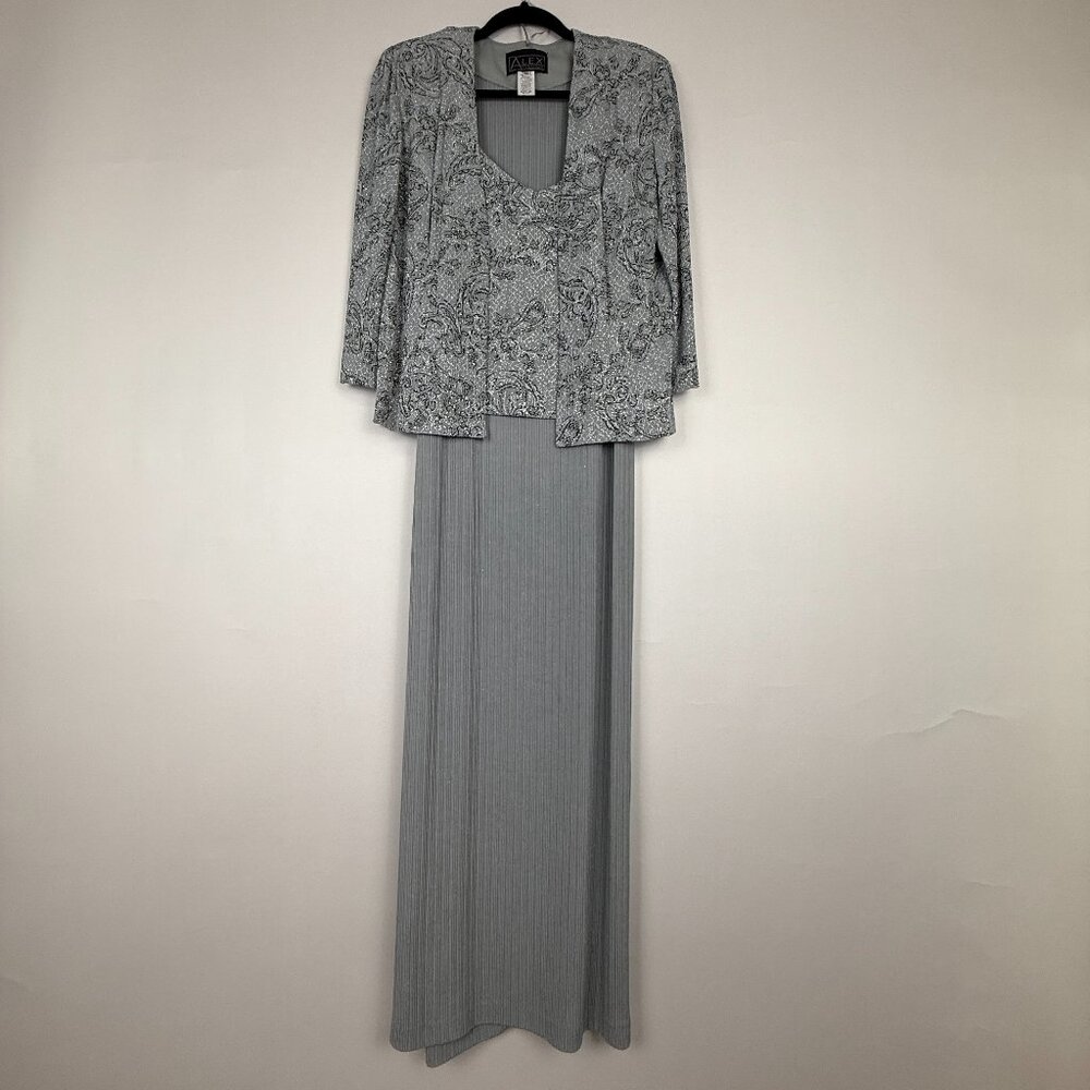 ALEX Evenings Gown with Jacket; Size 12. Silver and Black and Silvery Glittery